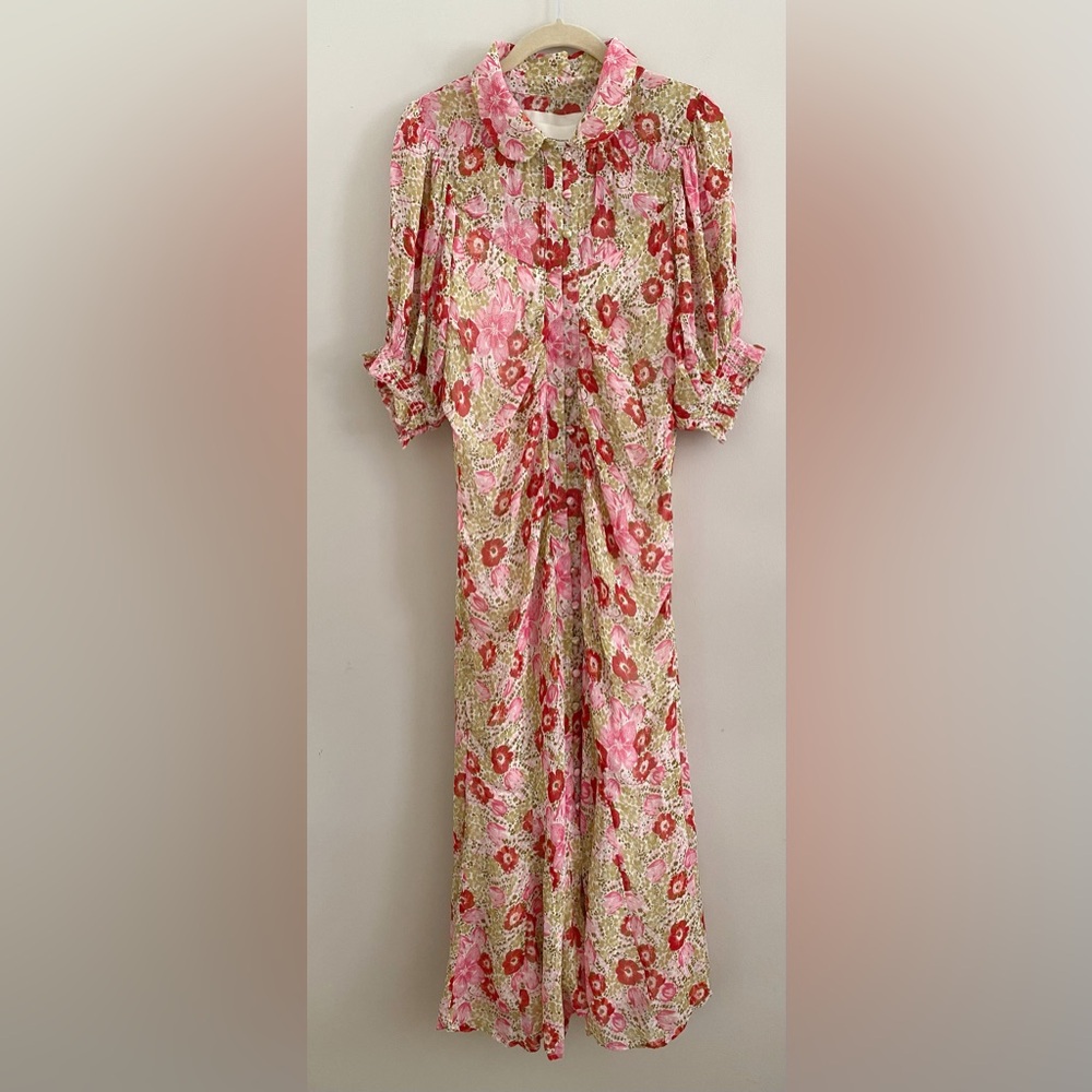 By Anthropologie Puff-Sleeve Ruched Mesh Midi Shirt Dress 4p new pink nwt - Picture 6 of 9